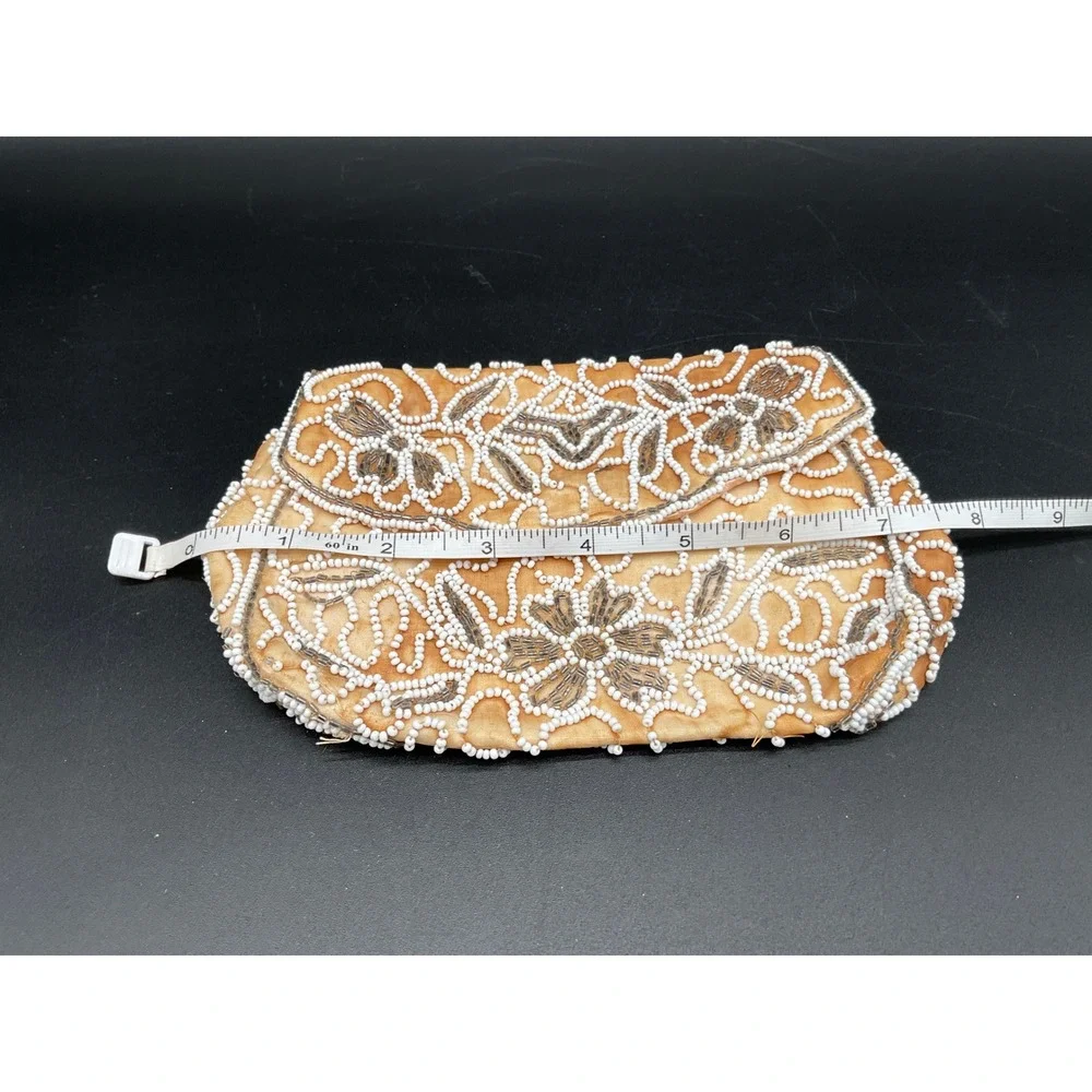 Vintage Beaded Evening Bag Clutch Purse White Floral Pink Lining